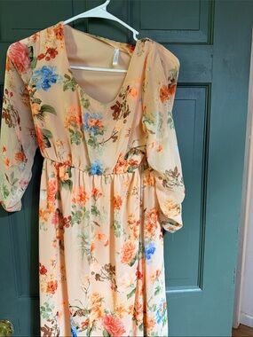 Pinkblush Peach Floral Puff-Sleeve maternity dress
